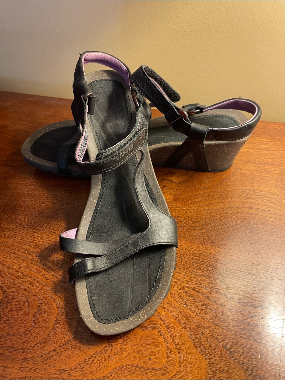Teva Women’s Black Leather Wedge Sandals